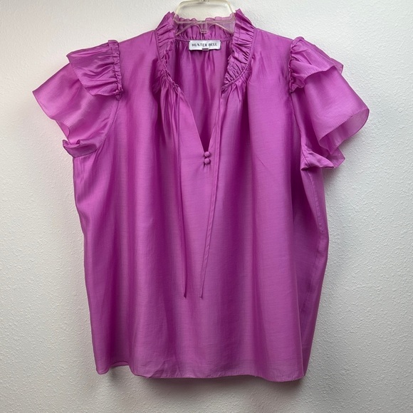Hunter Bell Milli top, silky fuchsia pink ruffle neck/sleeve relaxed fit blouse - Picture 2 of 12